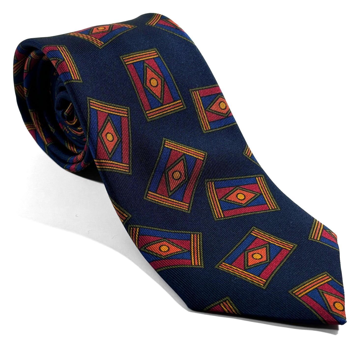 Navy Blue Geometric Motif Printed 36oz Silk Twill Tie