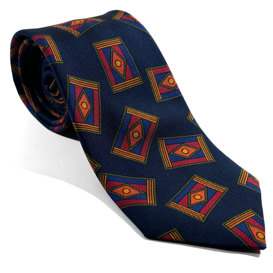 Navy Blue Geometric Motif Printed 36oz Silk Twill Tie