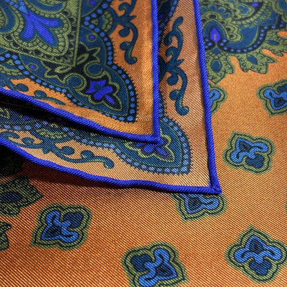 Burnt Orange & Olive Green Medallion Ancient Madder Silk Pocket Square