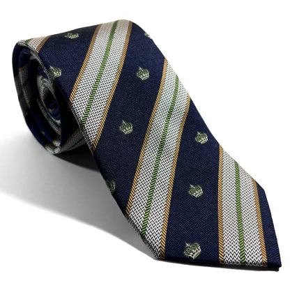 Navy Blue & Silver Striped Crown Motif Silk Jacquard Tie