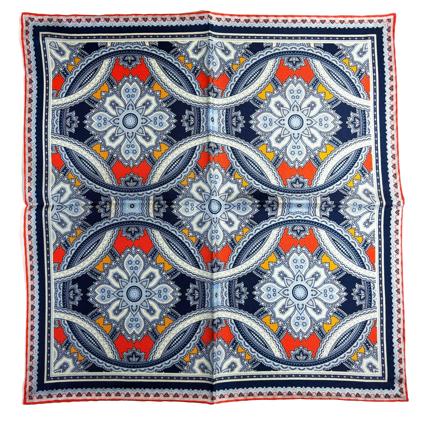 Orange & Light Blue Large Medallion Silk Pocket Square