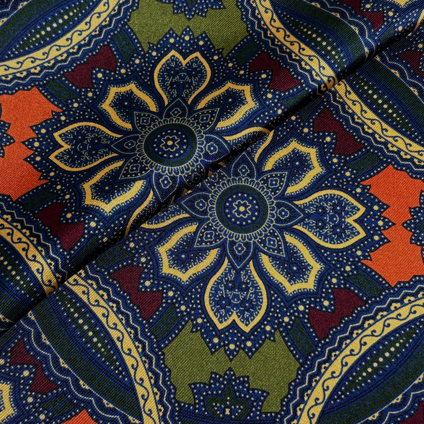 Olive Green & Orange Large Medallion Silk Pocket Square