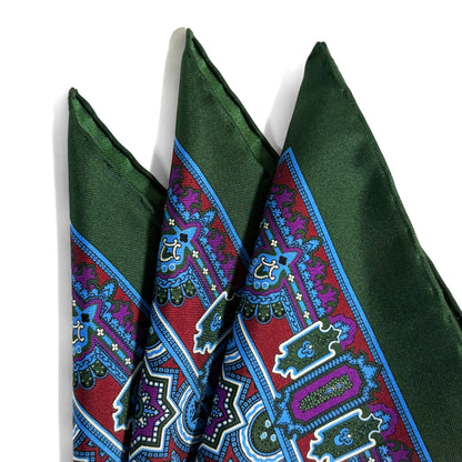 Green & Burgundy Geometric Silk Pocket Square