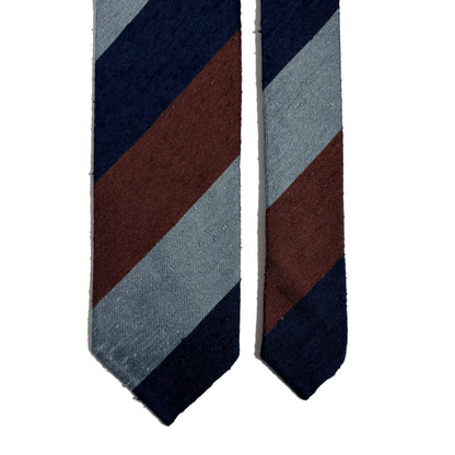 Untipped Navy / Light Blue / Brown Block Stripe Silk Shantung Tie