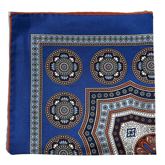 Blue & Orange Medallion Silk Pocket Square