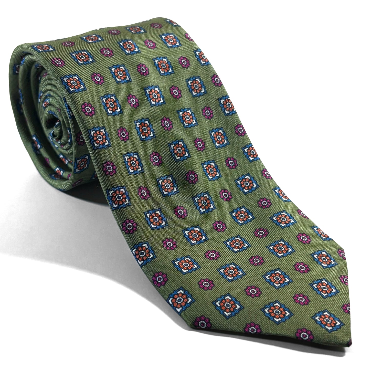 Olive Green Geometric Printed 24oz Silk Twill Tie