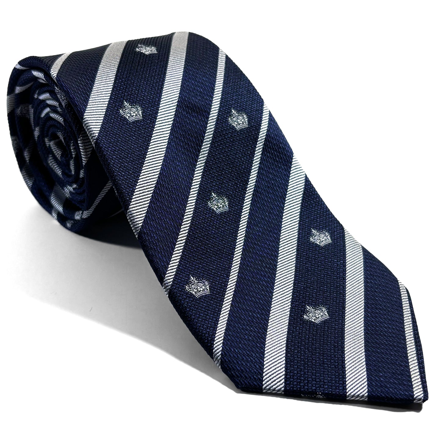 Navy Blue & Silver Regimental Stripe Jacquard Silk Tie w/ Crown Motif