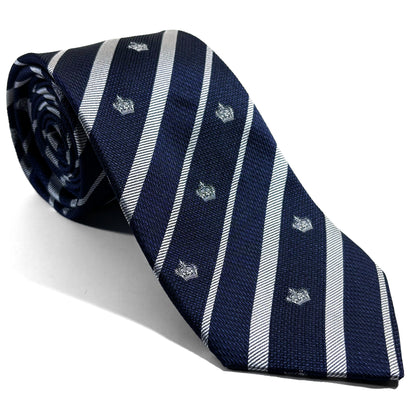 Navy Blue & Silver Regimental Stripe Jacquard Silk Tie w/ Crown Motif