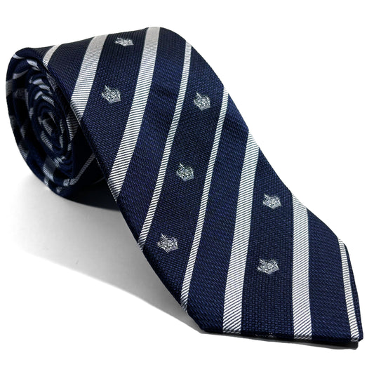 Navy Blue & Silver Regimental Stripe Jacquard Silk Tie w/ Crown Motif
