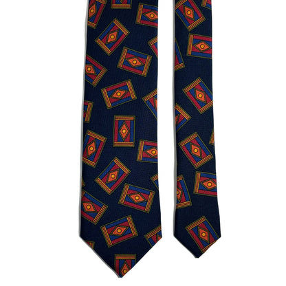 Navy Blue Geometric Motif Printed 36oz Silk Twill Tie