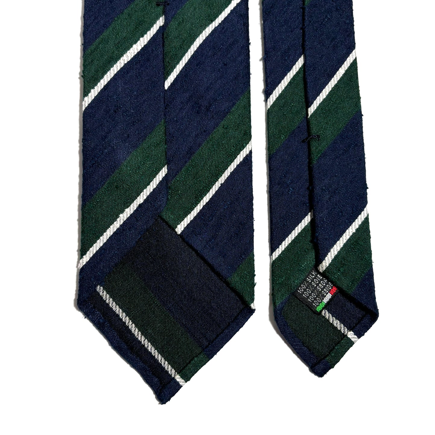 Untipped Navy Blue & Green Striped Silk Shantung Tie