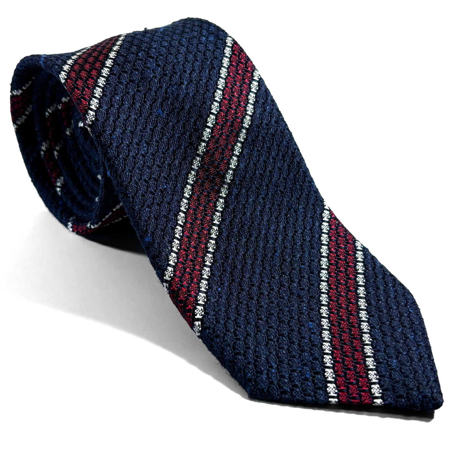 Navy Blue & Red Striped Tussah Jaspe Silk Grenadine Tie (Garza Grossa)