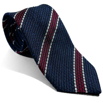 Navy Blue & Red Striped Tussah Jaspe Silk Grenadine Tie (Garza Grossa)