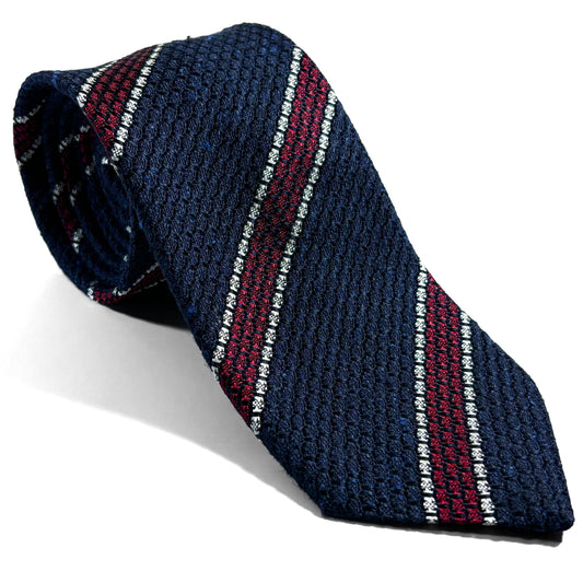 Navy Blue & Red Striped Tussah Jaspe Silk Grenadine Tie (Garza Grossa)