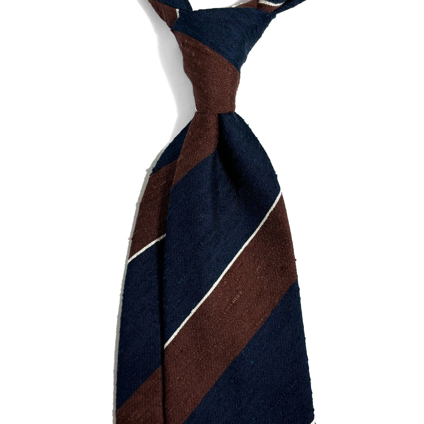Untipped Navy Blue & Brown Block Stripe Silk Shantung Tie