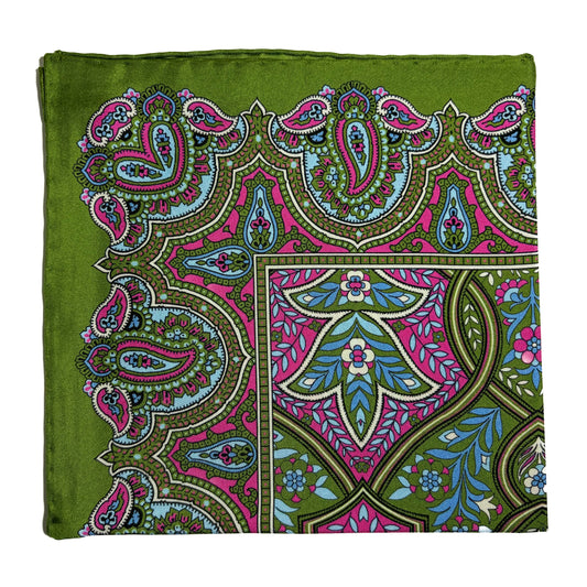 Lime Green & Pink Floral Paisley Silk Pocket Square