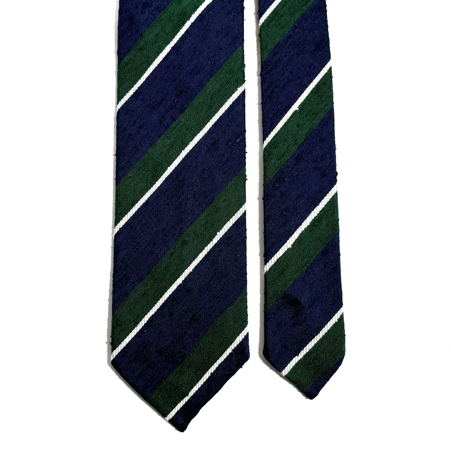 Untipped Navy Blue & Green Striped Silk Shantung Tie