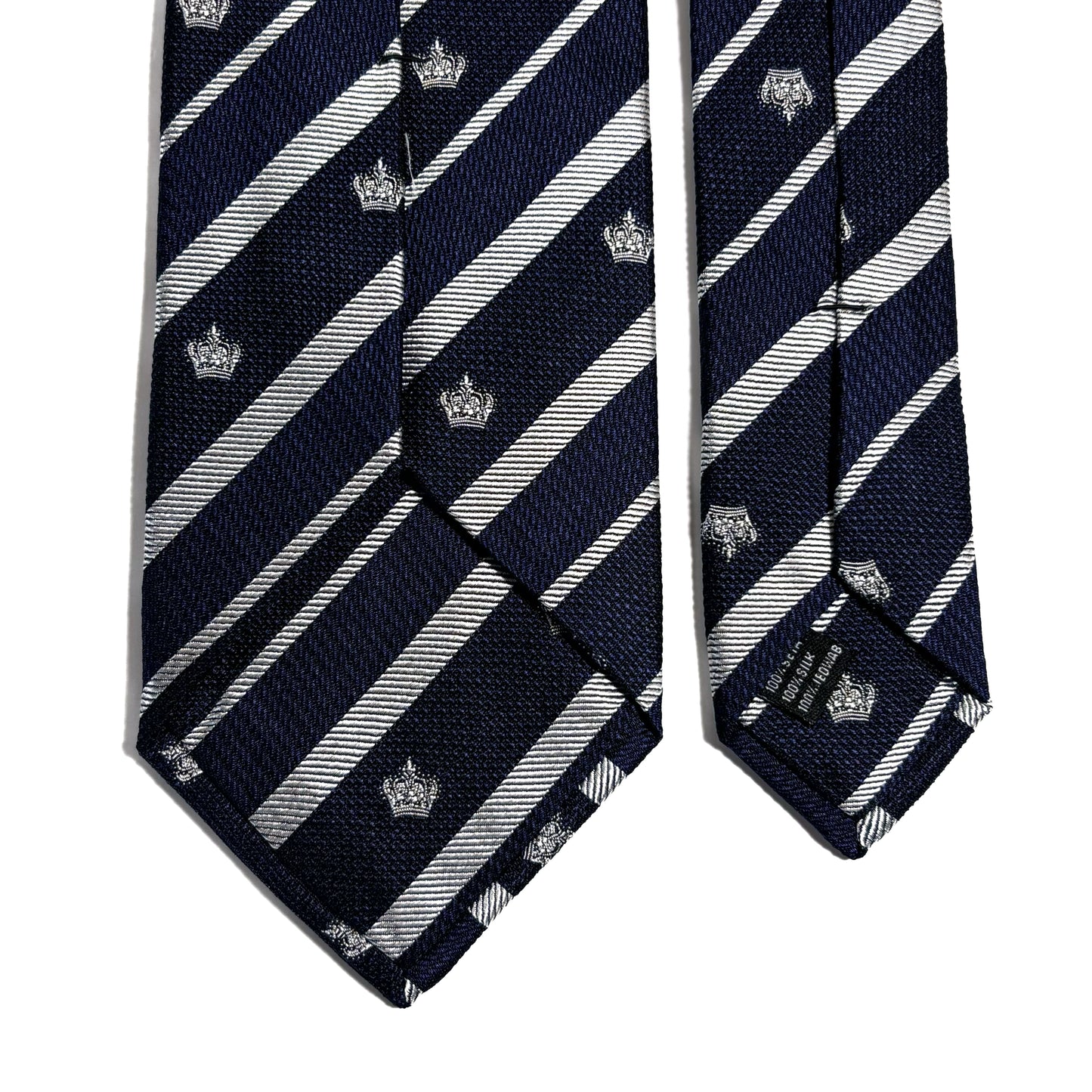 Navy Blue & Silver Regimental Stripe Jacquard Silk Tie w/ Crown Motif