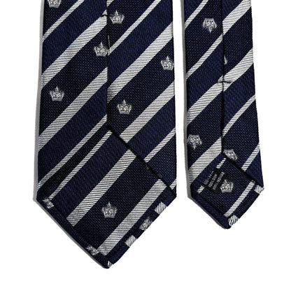 Navy Blue & Silver Regimental Stripe Jacquard Silk Tie w/ Crown Motif