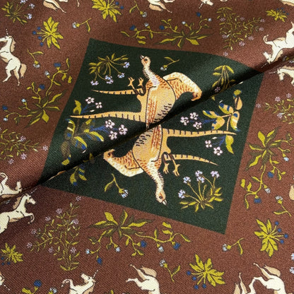 Forest Green & Brown Unicorn Motif Ancient Madder Silk Pocket Square