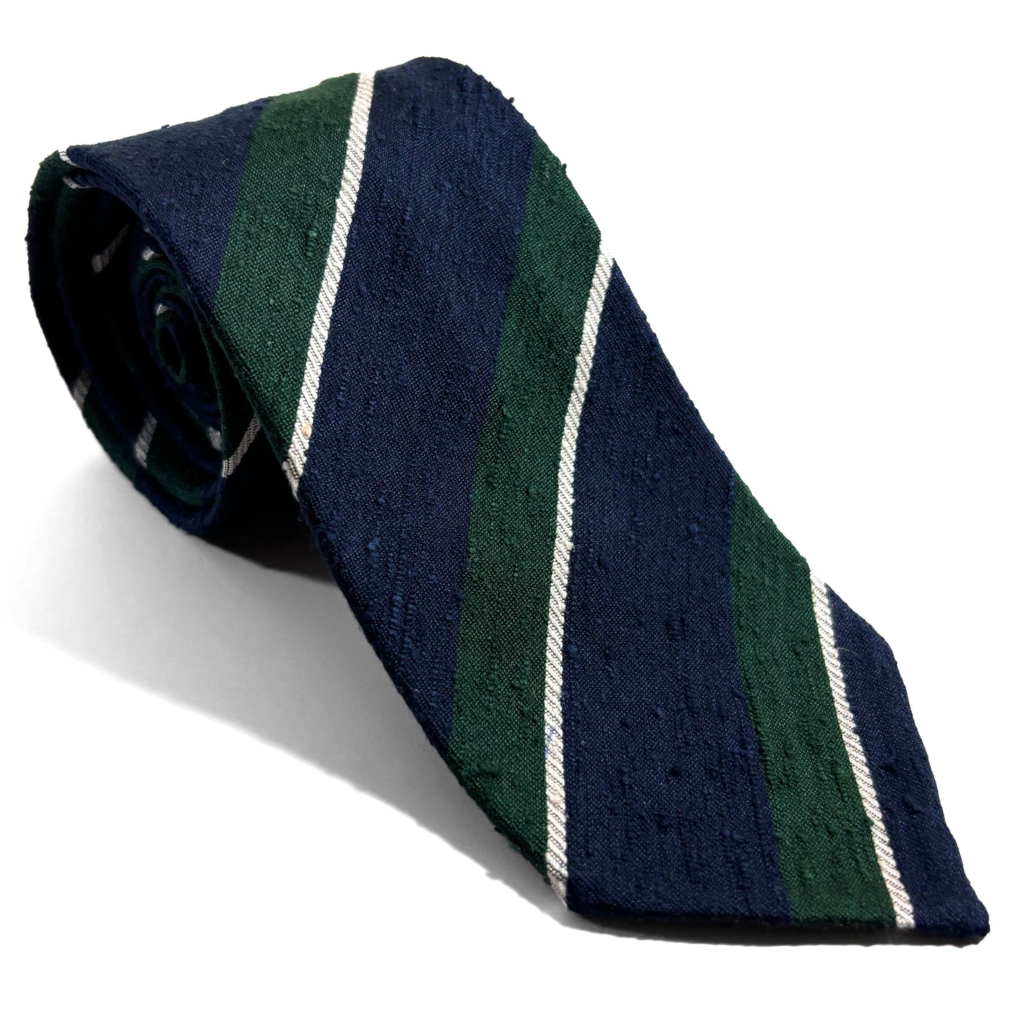 Untipped Navy Blue & Green Striped Silk Shantung Tie