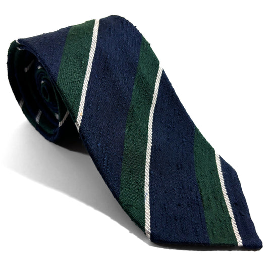 Untipped Navy Blue & Green Striped Silk Shantung Tie