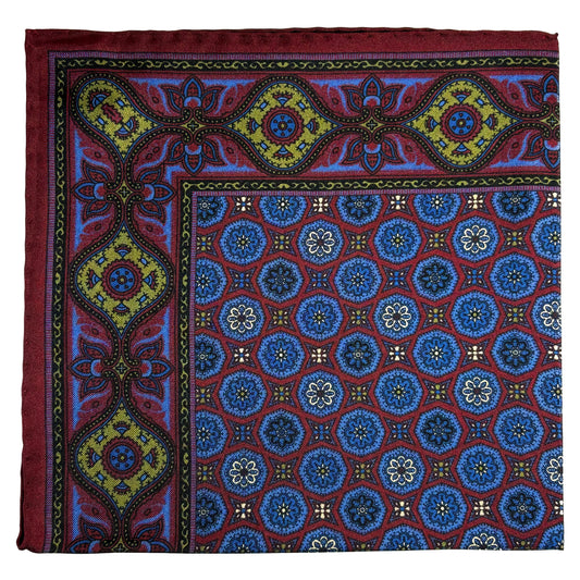 Burgundy & Blue Geometric Ancient Madder Silk Pocket Square