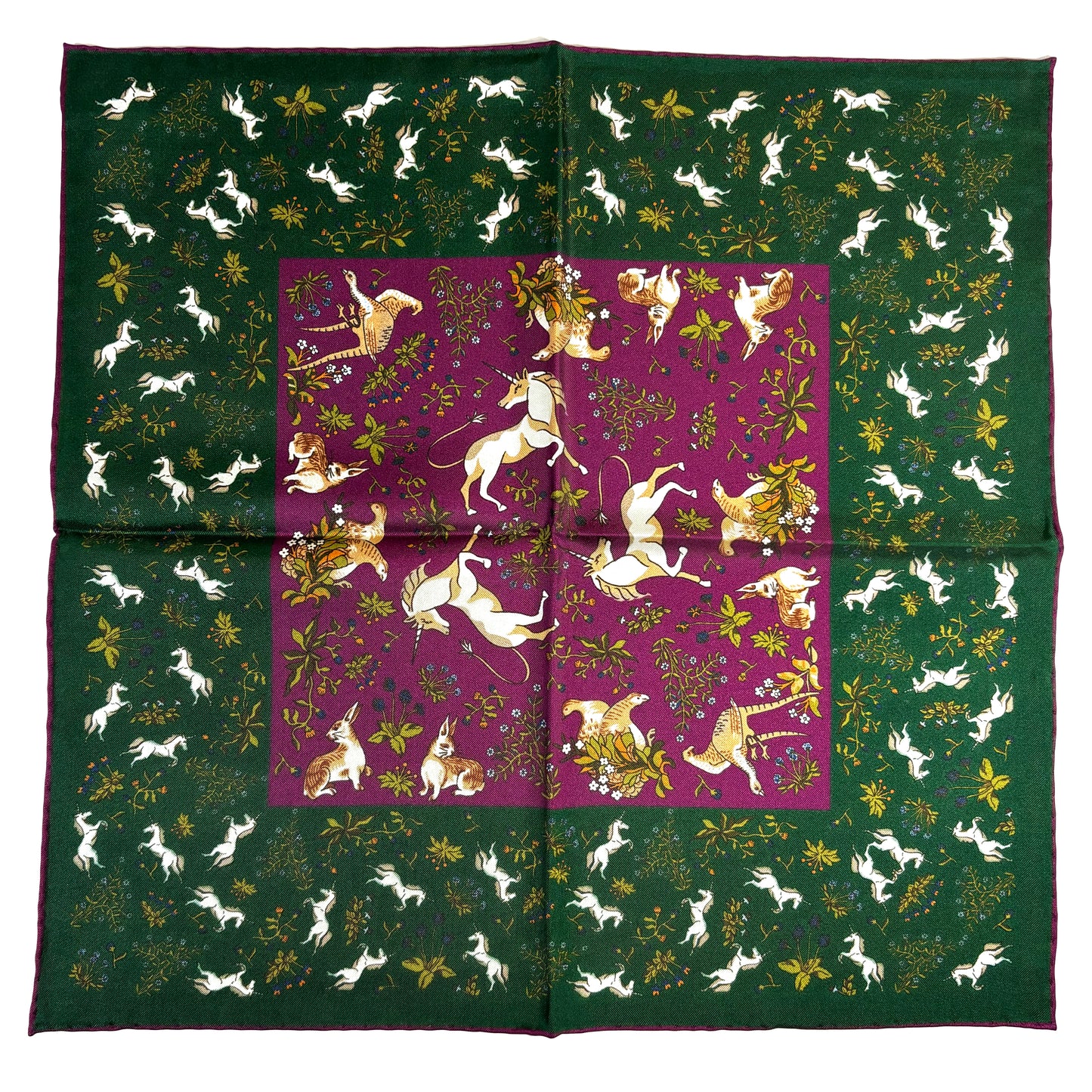 Forest Green & Purple Unicorn Motif Ancient Madder Silk Pocket Square