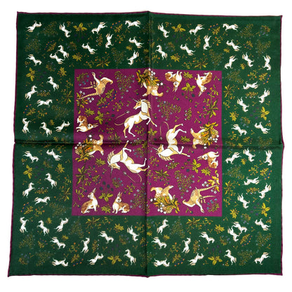 Forest Green & Purple Unicorn Motif Ancient Madder Silk Pocket Square