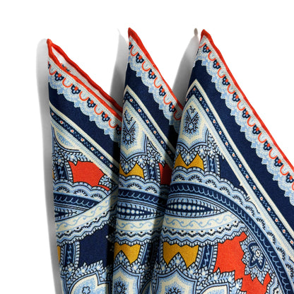 Orange & Light Blue Large Medallion Silk Pocket Square