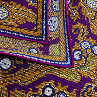Purple & Gold Floral Paisley Silk Pocket Square