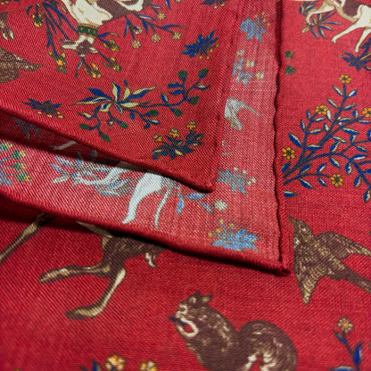 Terra - Floral Animal Motif - Red - Wool/Silk Pocket Square