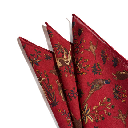 Terra - Floral Animal Motif - Red - Wool/Silk Pocket Square