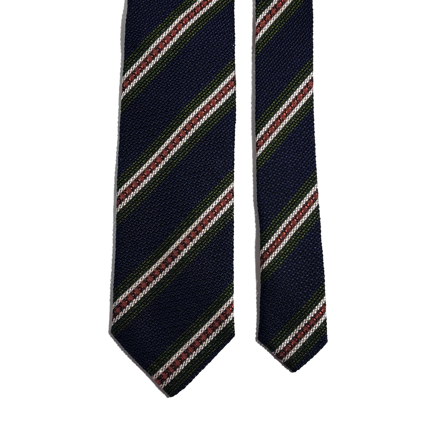 Navy Blue & Orange/Green Stripe Silk Grenadine Tie (Garza Fina)