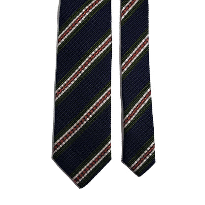 Navy Blue & Orange/Green Stripe Silk Grenadine Tie (Garza Fina)