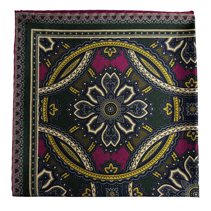 Forest Green & Purple Large Medallion Silk Pocket Square