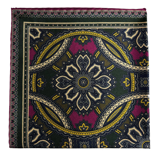 Forest Green & Purple Large Medallion Silk Pocket Square