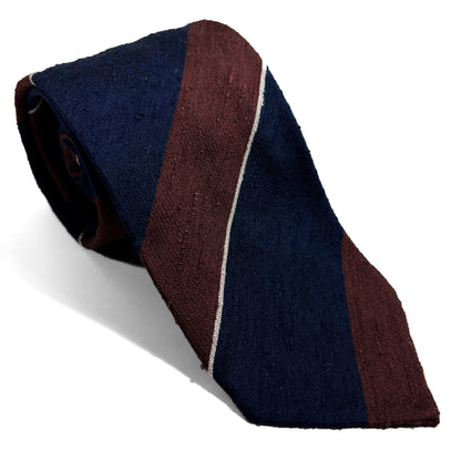 Untipped Navy Blue & Brown Block Stripe Silk Shantung Tie