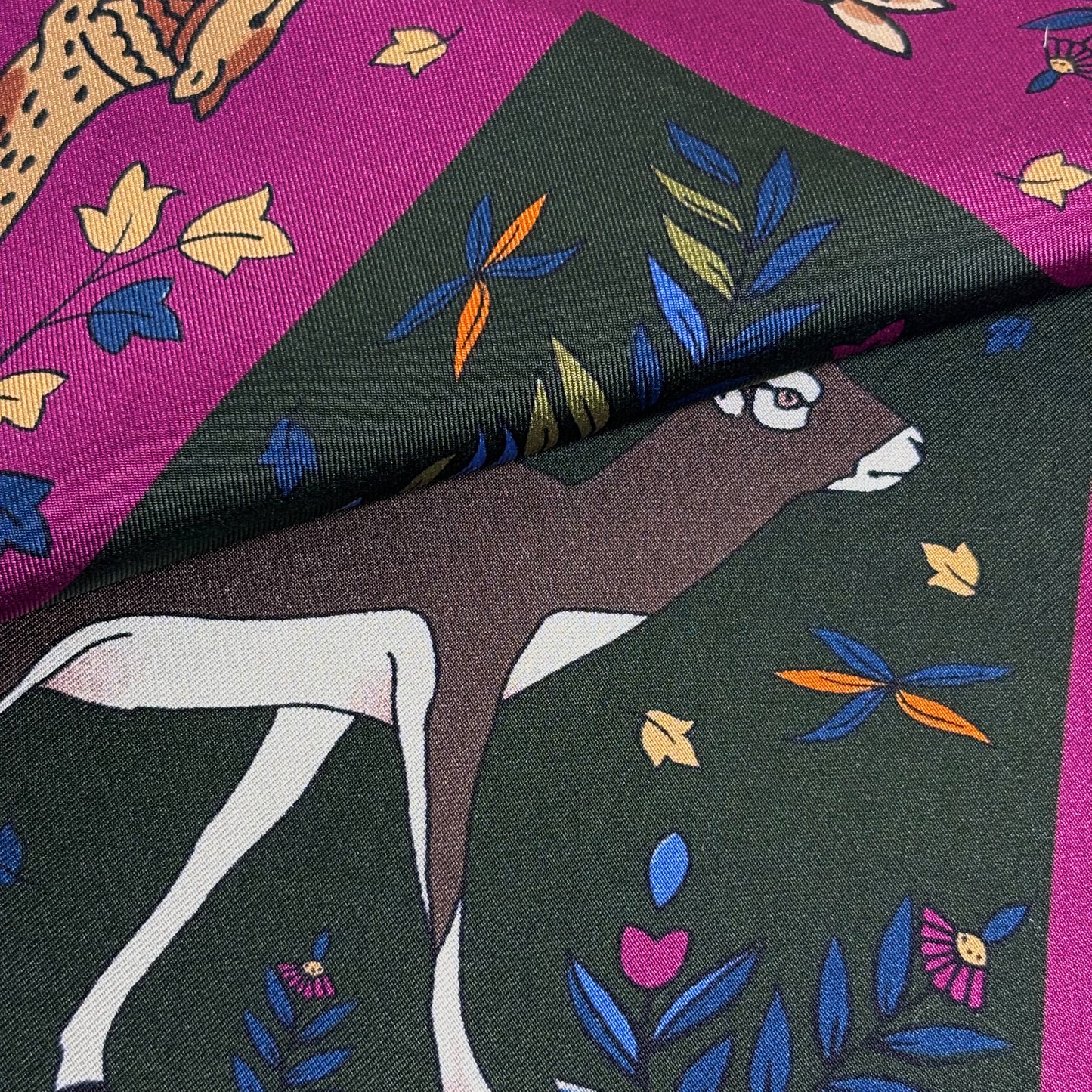 Forest Green & Purple Gazelle Motif Ancient Madder Silk Pocket Square