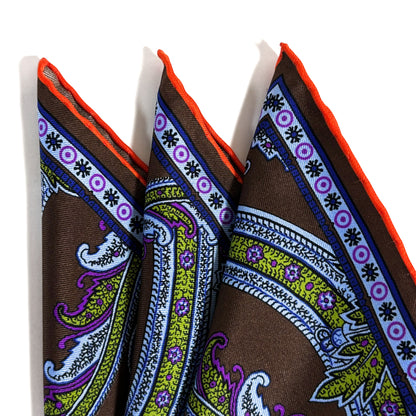 Brown & Orange Floral Paisley Silk Pocket Square