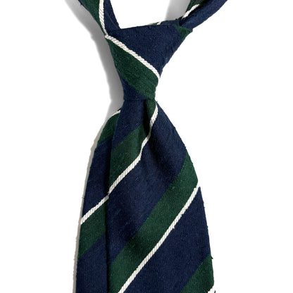 Untipped Navy Blue & Green Striped Silk Shantung Tie