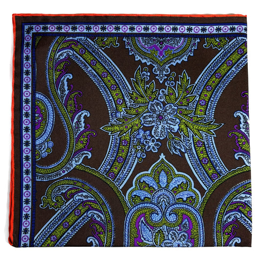 Brown & Orange Floral Paisley Silk Pocket Square