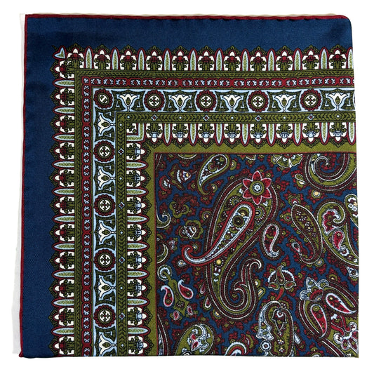 Navy Blue & Red Green Paisley Silk Pocket Square