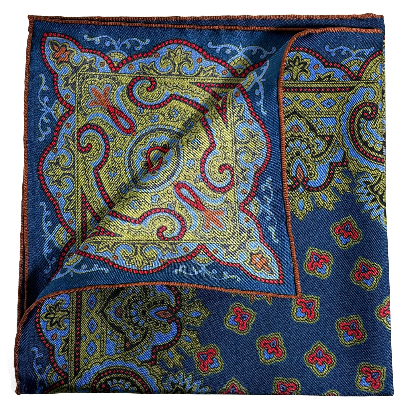 Navy Blue & Olive Green Medallion Ancient Madder Silk Pocket Square