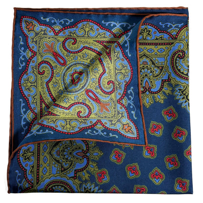 Navy Blue & Olive Green Medallion Ancient Madder Silk Pocket Square