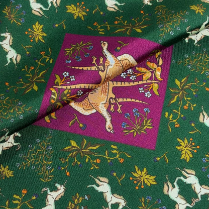 Forest Green & Purple Unicorn Motif Ancient Madder Silk Pocket Square