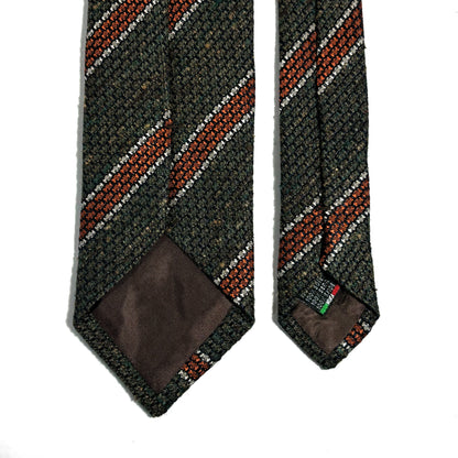 Earthy Green & Orange Striped Tussah Jaspe Silk Grenadine Tie (Garza Grossa)