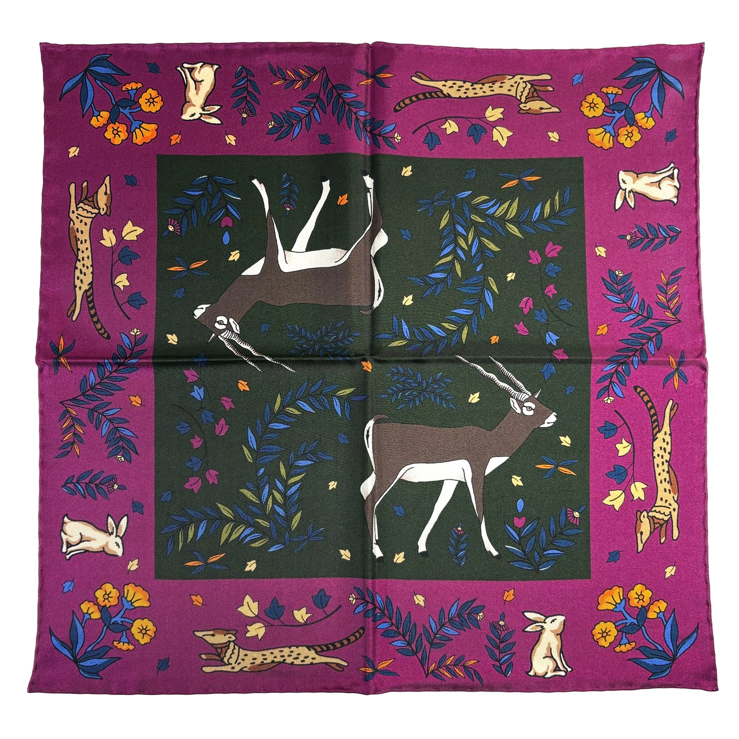 Forest Green & Purple Gazelle Motif Ancient Madder Silk Pocket Square