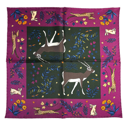 Forest Green & Purple Gazelle Motif Ancient Madder Silk Pocket Square