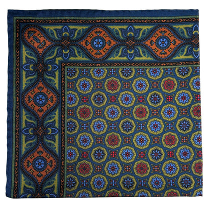 Olive Green & Navy Blue Geometric Ancient Madder Silk Pocket Square